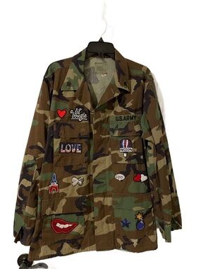 U.S. Army Woodland Camo Jacket with Colorful Patch Accents